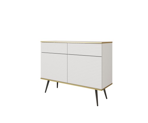 Nowoczesna komoda Oro KSZ107 MDF biały mat ujęcie pod skosem, widoczna wysokość 85 cm i czarne nóżki