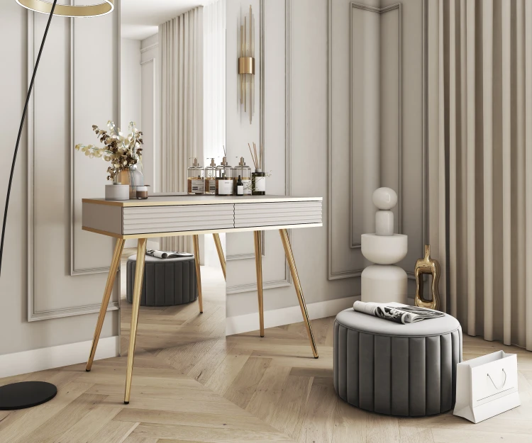 Elegancka beżowa toaletka Oro T102 MDF w sypialni glamour jako stolik kosmetyczny