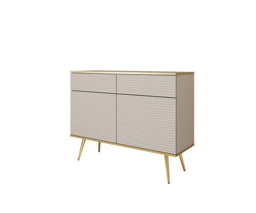 Nowoczesna komoda Oro KSZ107 beżowy mat ujęcie pod skosem, widoczna wysokość 85 cm i złote nóżki