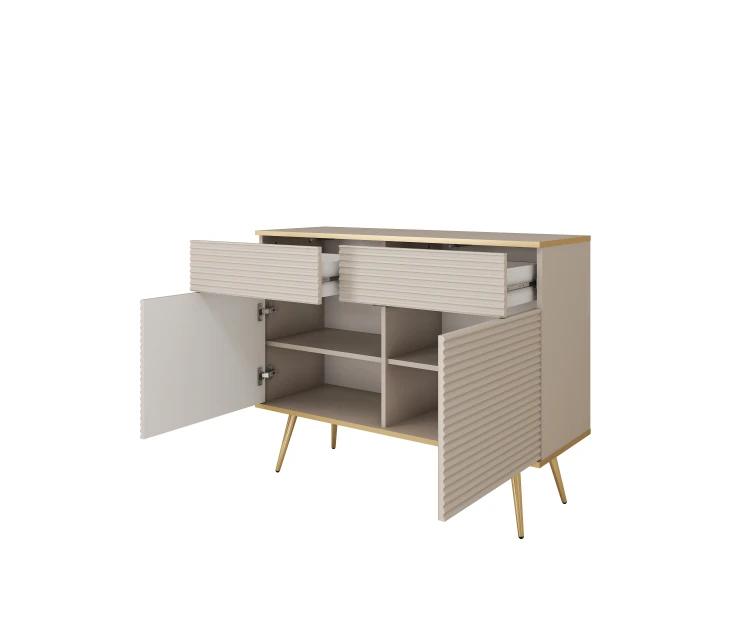 Otwarta komoda Oro KSZ107 MDF, wysunięte szuflady z pełnym wysuwem i wnętrze szafek z półkami, system push to open