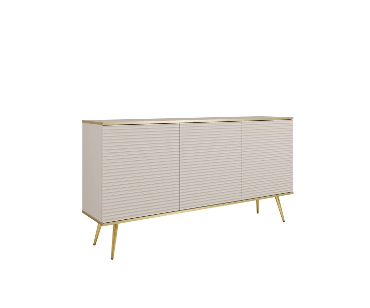 Nowoczesna komoda Oro K160 MDF beżowy mat ze złotymi detalami – ujęcie pod kątem