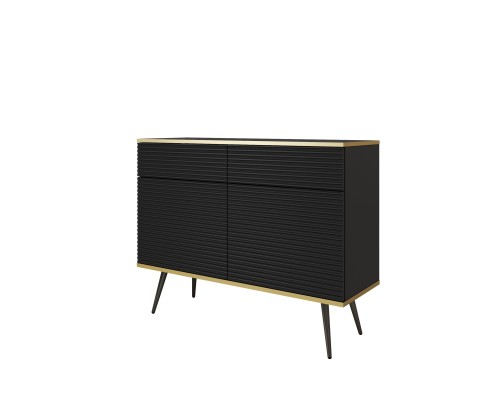 Nowoczesna komoda Oro KSZ107 MDF czarny mat ujęcie pod skosem, widoczna wysokość 85 cm i czarne nóżki