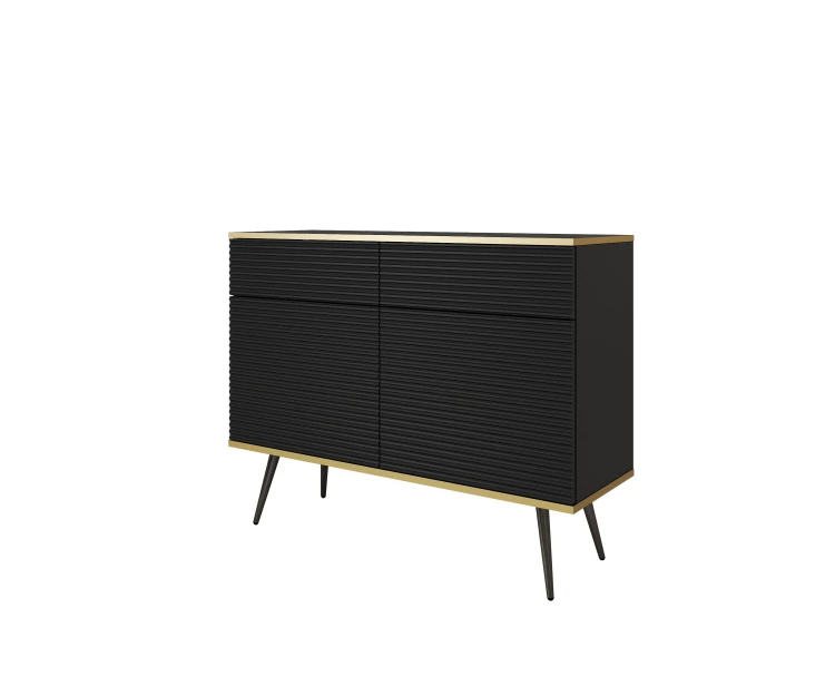 Nowoczesna komoda Oro KSZ107 MDF czarny mat ujęcie pod skosem, widoczna wysokość 85 cm i czarne nóżki