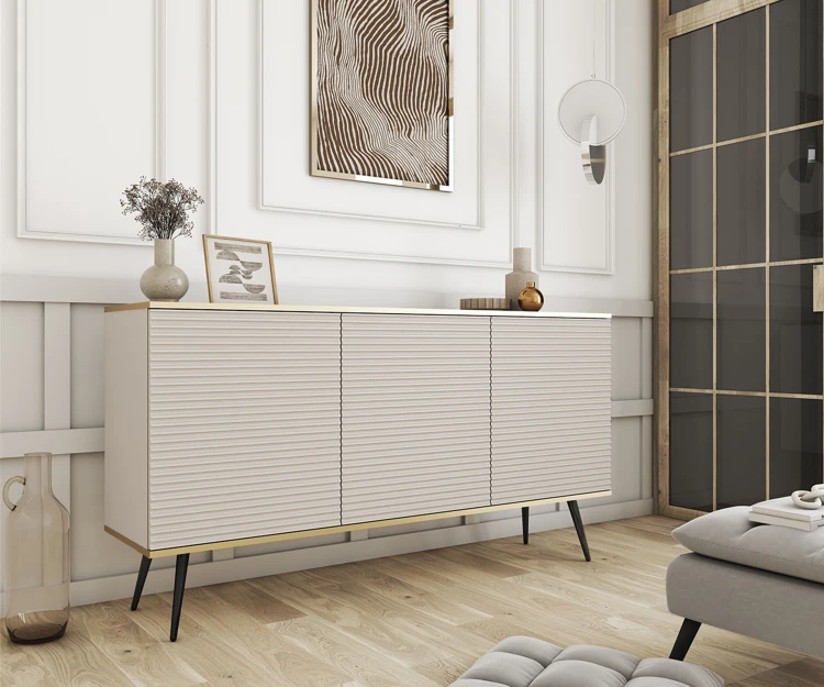 Beżowa komoda glamour Oro K160 MDF na czarnych nogach w eleganckim salonie