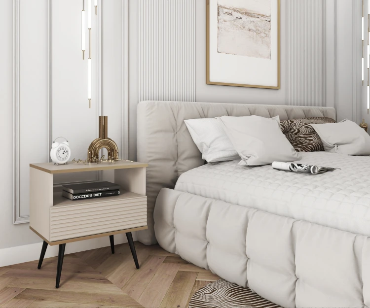 Beżowa szafka nocna Oro S54 MDF w luksusowej sypialni glamour, obok łóżka tapicerowanego, czarne i złote akcenty