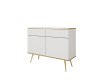 Nowoczesna komoda Oro KSZ107 MDF biały mat ujęcie pod skosem, widoczna wysokość 85 cm i złote nóżki