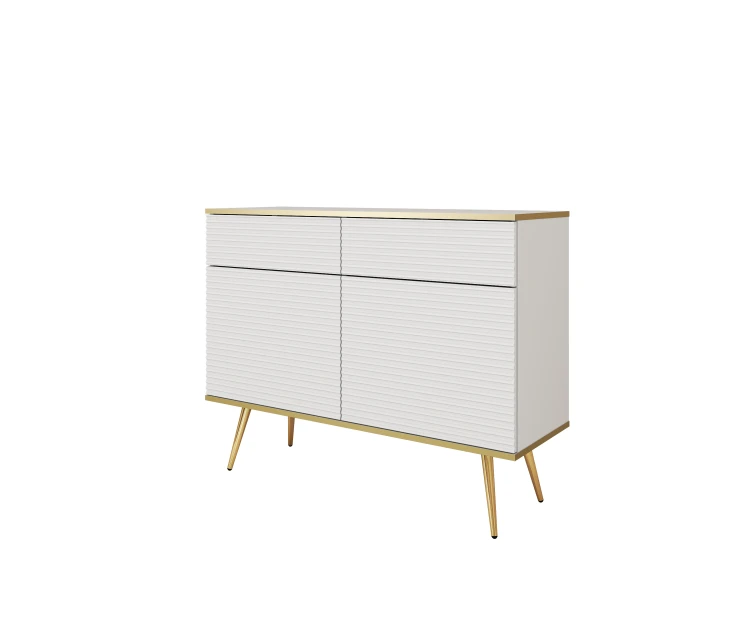 Nowoczesna komoda Oro KSZ107 MDF biały mat ujęcie pod skosem, widoczna wysokość 85 cm i złote nóżki