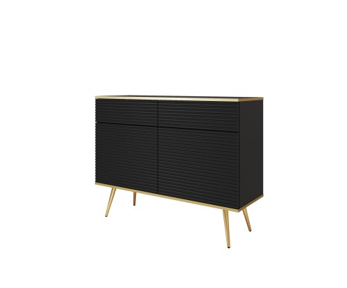 Nowoczesna komoda Oro KSZ107 MDF czarny mat ujęcie pod skosem, widoczna wysokość 85 i czarne nóżki