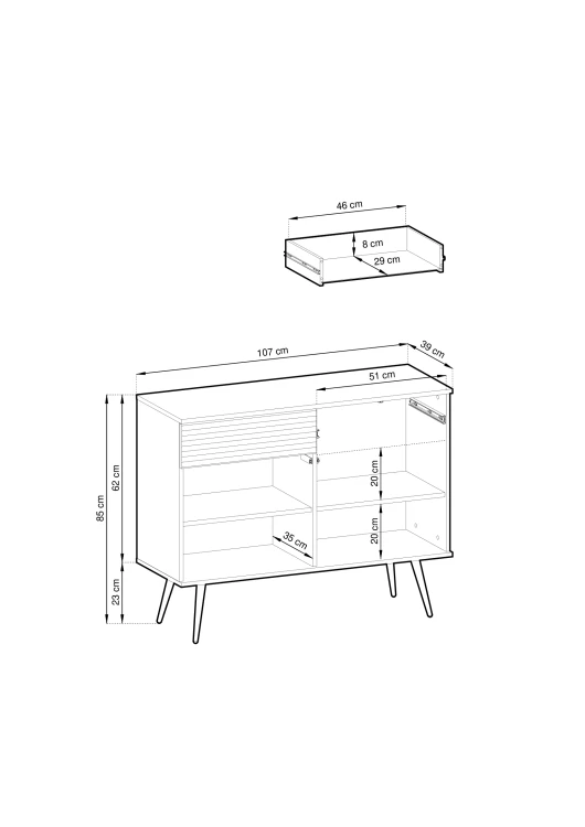 Rysunek techniczny komody Oro KSZ107 MDF: szerokość 107 cm, wysokość 85 cm, głębokość 39 cm, wysokość nóżek 23 cm