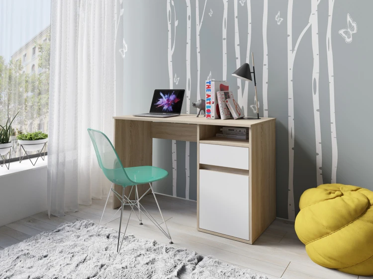 Biurko BILLA 60, 1 drzwi, dąb sonoma/biały, 120 cm – aranżacja wnętrza