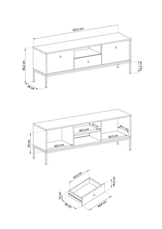 Schemat wymiarów szafki RTV Mono MRTV154: szerokość 154 cm, wysokość 56 cm, głębokość 39 cm.