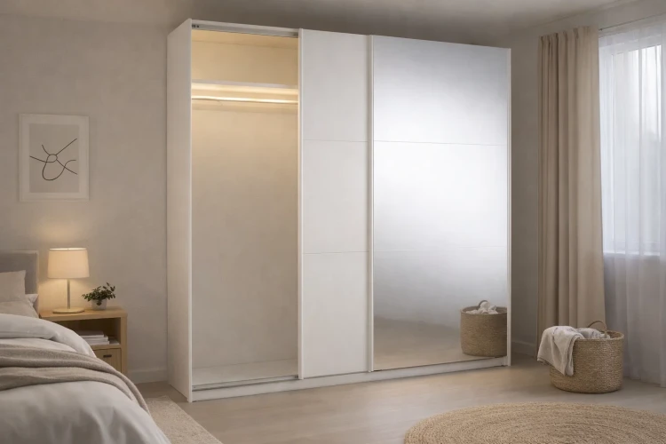 Szafa LUXORA III 12, 2 drzwi, biel górska, 221 cm – aranżacja wnętrza