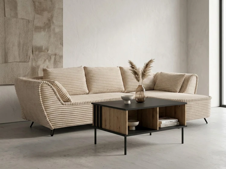 Stolik kawowy RIMINI 07, kaszmirowy beż, dąb artisan, 66 cm – aranżacja wnętrza
