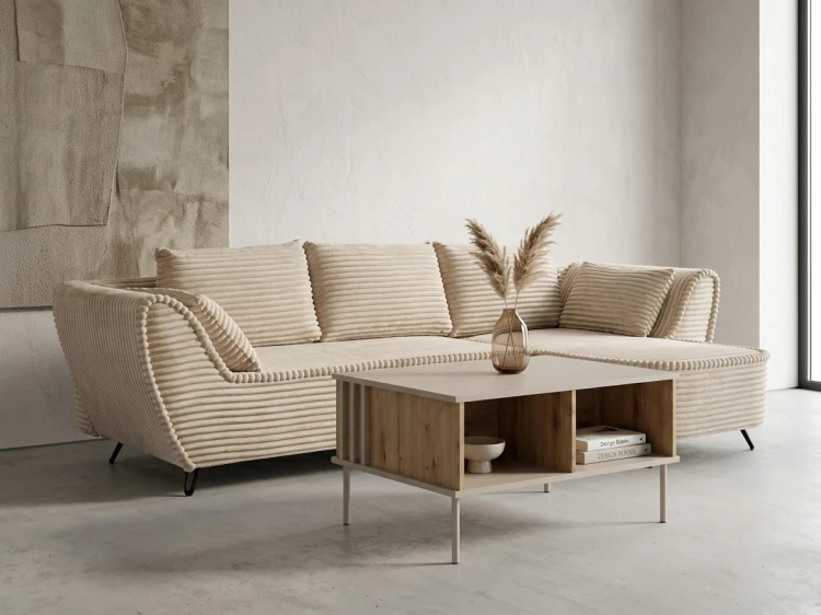 Stolik kawowy RIMINI 07, kaszmirowy beż, dąb artisan, 66 cm – aranżacja wnętrza