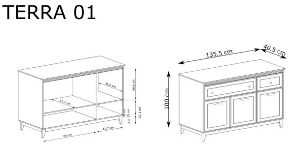 Komoda Terra TA-1 Szary Diament – rysunek techniczny z wymiarami