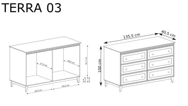 Komoda Terra TA-3 Szary Diament – rysunek techniczny z wymiarami