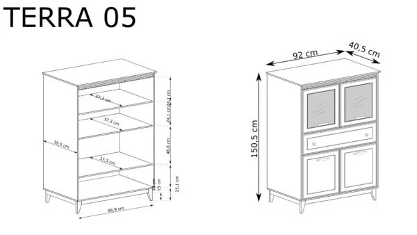 Witryna Terra TA-5 Szary Diament – rysunek techniczny z wymiarami