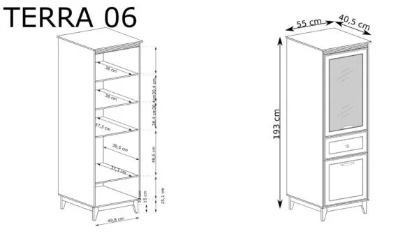 Witryna Terra TA-6 Szary Diament – rysunek techniczny z wymiarami