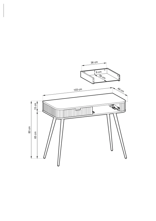 Schemat techniczny toaletki Zova T103: szerokość 103 cm, głębokość 49 cm, wysokość 80 cm.