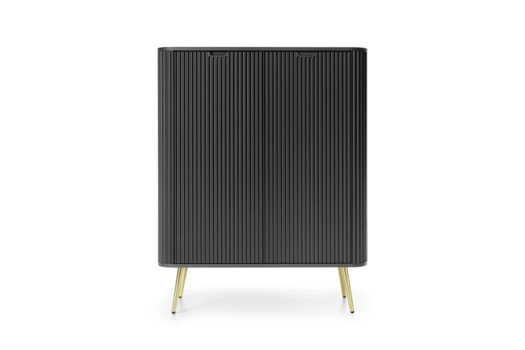 Wysoka komoda czarna Zova K103, widok z przodu, dwoje drzwiczek, frezowane fronty MDF, złote nóżki 23 cm, styl Total Black