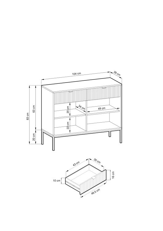 Schemat wymiarów komody Nova KSZ104: szerokość 104 cm, wysokość 83 cm, głębokość 39 cm.