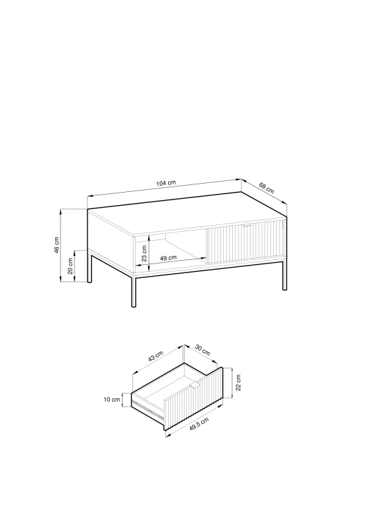 Schemat techniczny i dokładne wymiary szarej ławy Nova L104 – 104x46x68 cm