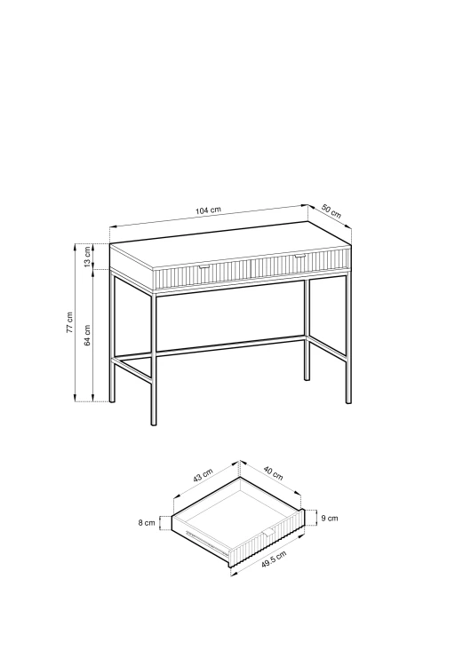 Schemat techniczny i dokładne wymiary białej toaletki Nova T104 – 104x78x50 cm