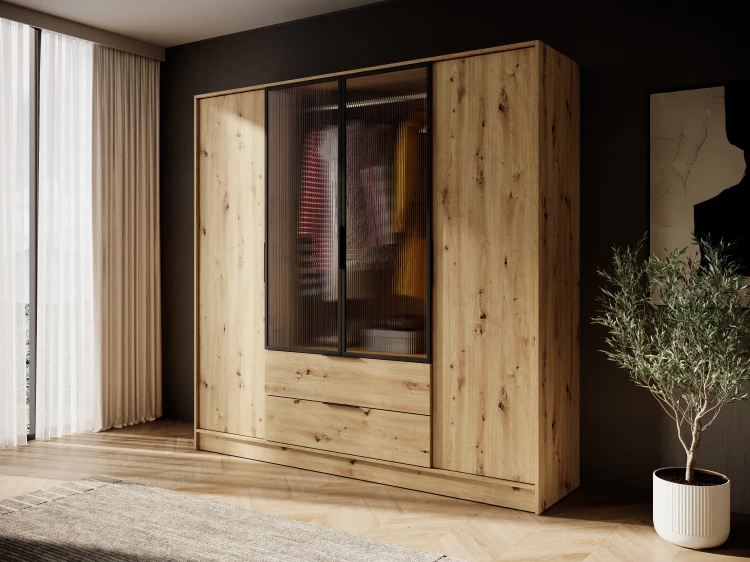 Nowoczesna szafa Kelly 4D RM dąb artisan w sypialni z oświetleniem LED