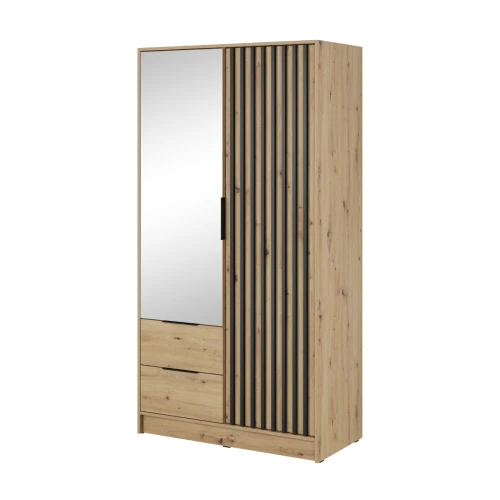 Dwudrzwiowa szafa Nelly 2D dąb artisan ujęcie pod kątem eksponujące lamele i lustro.