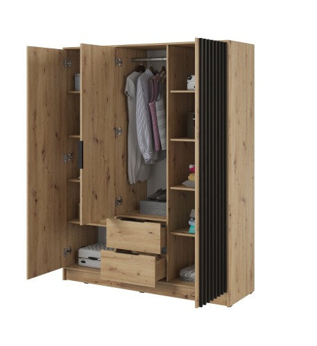 Otwarta szafa Nelly 3D dąb artisan prezentująca drążek, półki i system szuflad.