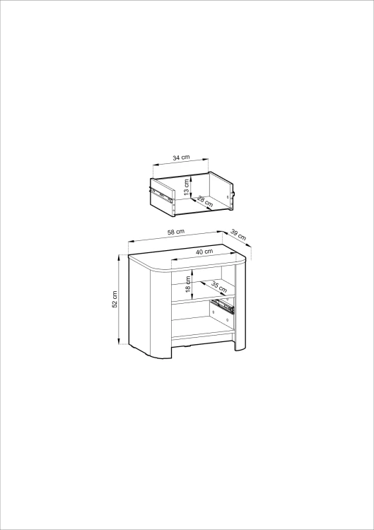 Rysunek techniczny szafki nocnej Bari S58 – wymiary 58x52x39 cm