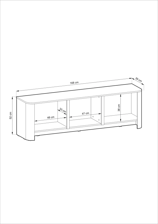 Rysunek techniczny szafki RTV Bari-168 – wymiary 168x52x38 cm z uwzględnieniem tolerancji