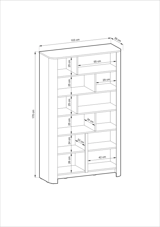 Rysunek techniczny regału Bari RG103 – schemat z wymiarami: szerokość 103 cm, wysokość 170 cm