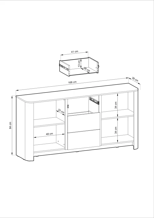 Rysunek techniczny komody Bari KSZ168 – schemat z wymiarami: szerokość 168 cm, wysokość 84 cm