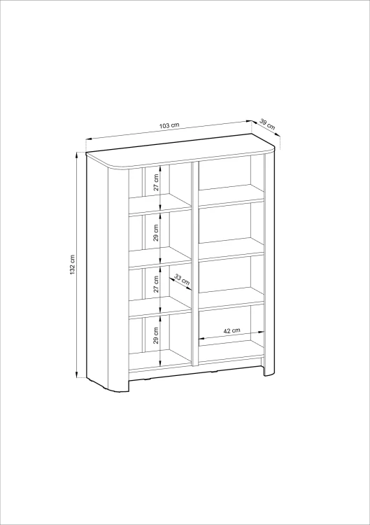 Rysunek techniczny komody Bari K103 – schemat z wymiarami: szerokość 103 cm, wysokość 132 cm, głębokość 39 cm.