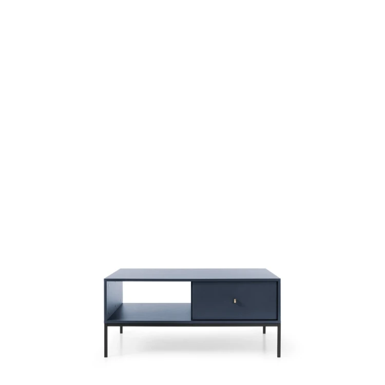 Stolik kawowy granatowy Mono ML104, widok z przodu, złoty uchwyt szuflady, navy blue i czarny metalowy stelaż loft