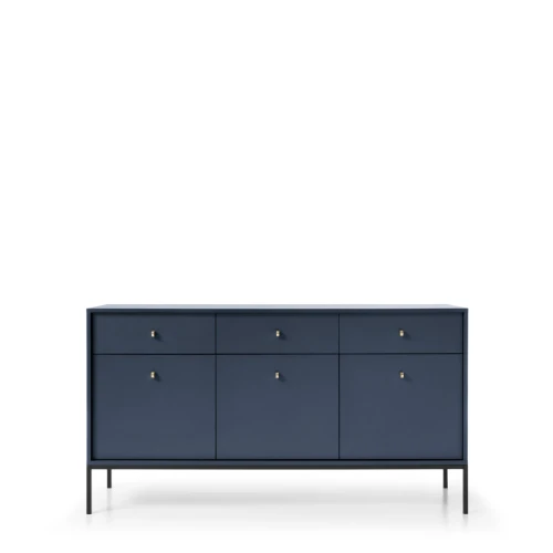 Szeroka komoda granatowa Mono MKSZ154, widok z przodu, szerokość 154 cm, złote uchwyty, navy blue i czarny stelaż