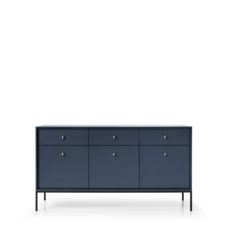 Szeroka komoda granatowa Mono MKSZ154, widok z przodu, szerokość 154 cm, złote uchwyty, navy blue i czarny stelaż
