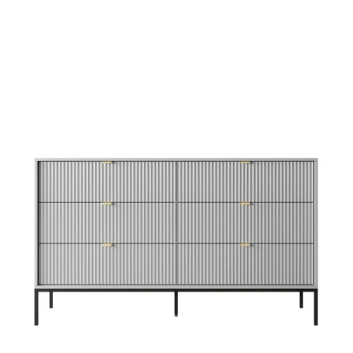 Komoda szara Nova NKS154, widok z przodu, 6 szuflad, złote uchwyty, czarny metalowy stelaż, szerokość 154 cm