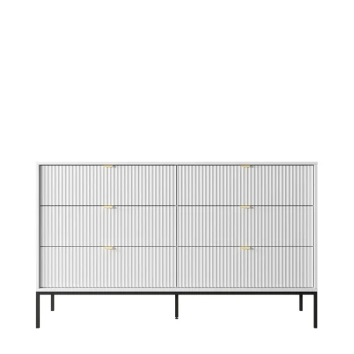 Komoda biała mat Nova NKS154, widok z przodu, 6 szuflad, złote metalowe uchwyty, czarny stelaż, styl modern loft
