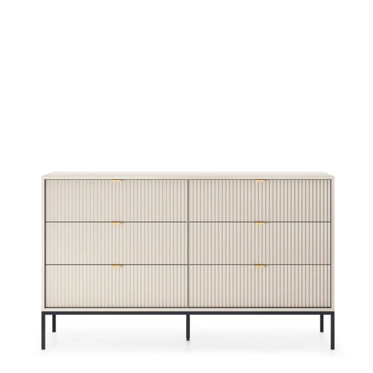 Komoda kaszmir Nova NKS154, widok z przodu, 6 szuflad, złote metalowe uchwyty, czarny stelaż, szerokość 154 cm