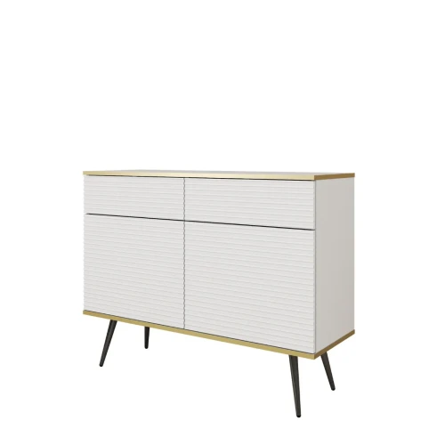 Nowoczesna komoda Oro KSZ107 MDF biały mat ujęcie pod skosem, widoczna wysokość 85 cm i czarne nóżki miniatura