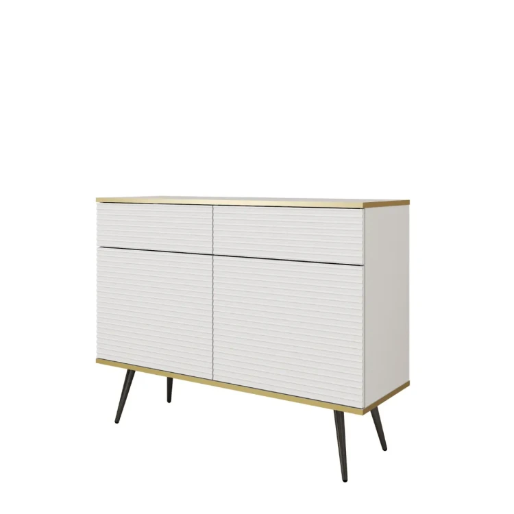 Nowoczesna komoda Oro KSZ107 MDF biały mat ujęcie pod skosem, widoczna wysokość 85 cm i czarne nóżki miniatura