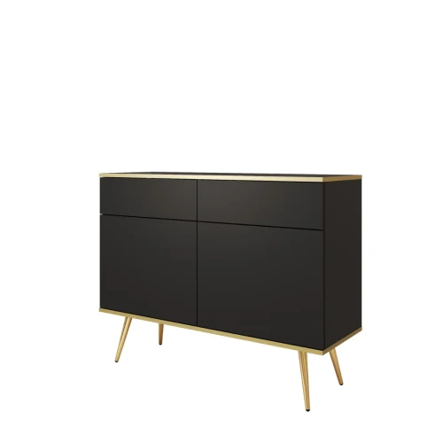 Nowoczesna komoda Oro KSZ107 czarny mat ujęcie pod skosem, widoczna wysokość 85 cm i złote nóżki miniatura