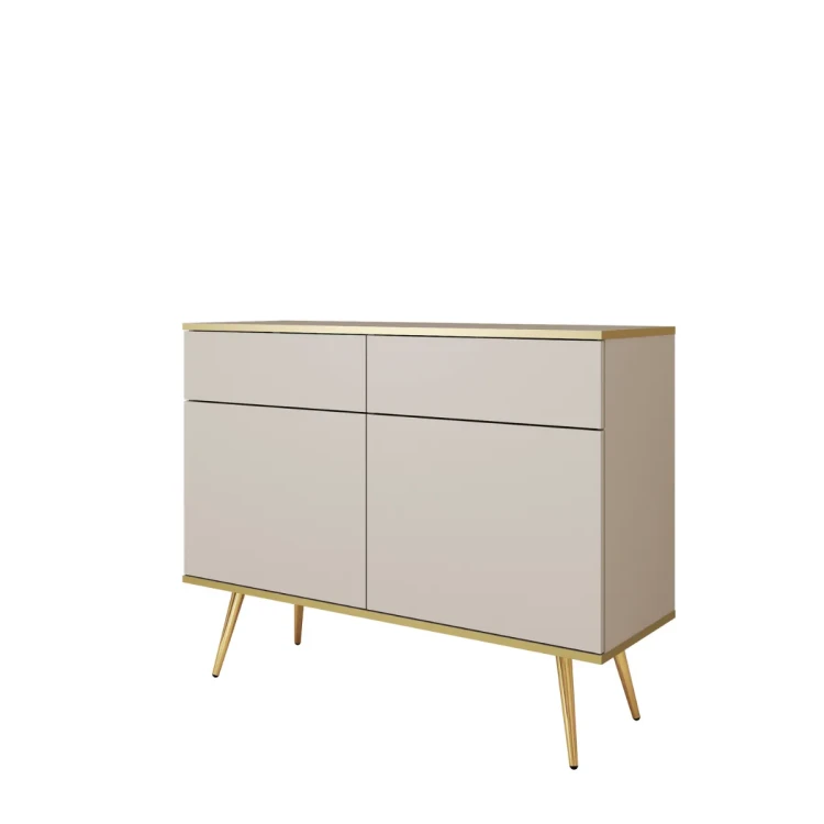 Nowoczesna komoda Oro KSZ107 beżowy mat ujęcie pod skosem, widoczna wysokość 85 cm i złote nóżki miniatura