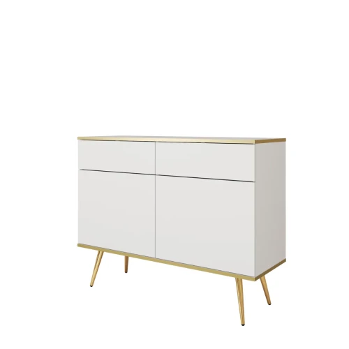 Nowoczesna komoda Oro KSZ107 biały mat ujęcie pod skosem, widoczna wysokość 85 cm i złote nóżki miniatura