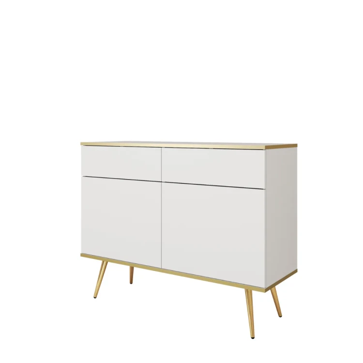 Nowoczesna komoda Oro KSZ107 biały mat ujęcie pod skosem, widoczna wysokość 85 cm i złote nóżki miniatura