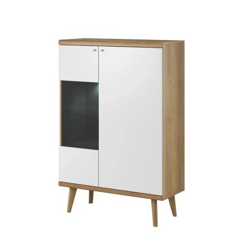 Przeszklona witryna Primo PWT90 dąb riviera i biała, ujęcie pod kątem eksponujące drewniane nogi miniatura