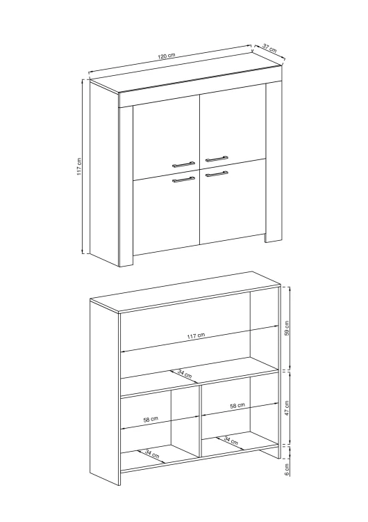Schemat techniczny komody Sky SK120 z wymiarami: szerokość 120 cm, wysokość 117 cm, głębokość 37 cm