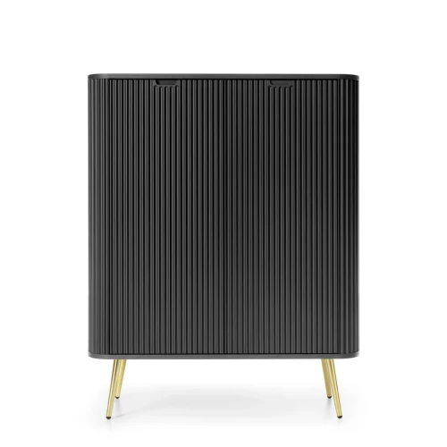 Wysoka komoda czarna Zova K103, widok z przodu, dwoje drzwiczek, frezowane fronty MDF, złote nóżki 23 cm, styl Total Black miniatura